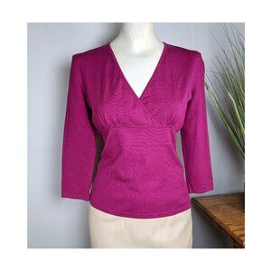 Ann Taylor Fuchsia Purple 3/4 Sleeve Silk Blend Faux Wrap Knit Top Size Sz XS